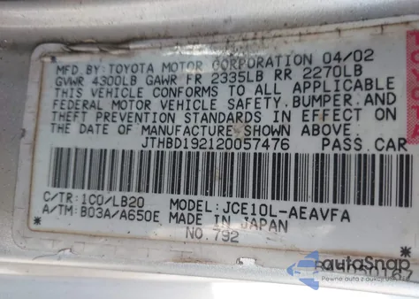 2002 Lexus Is 300 from USA, damaged, VIN JTHBD192120057476